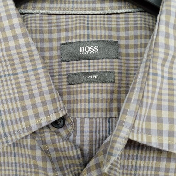 Hugo‎ Boss Shirt Mens Large Dark Gray Plaid Slim Fit Button Up Dressy Office - Picture 2 of 8